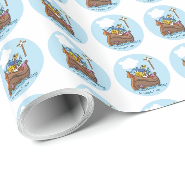 Customizable Noah’s Ark Baby Baptism, Boy Blue Wrapping Paper (Roll Corner)