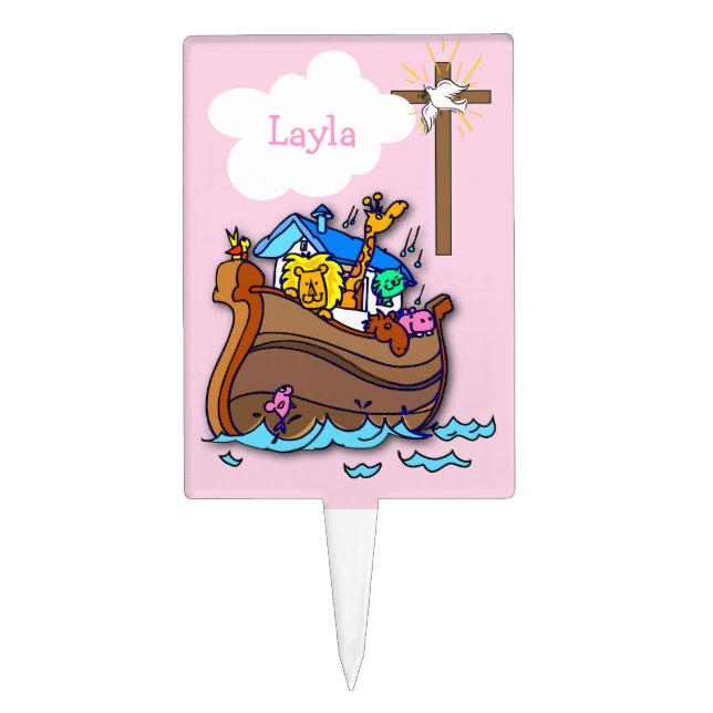 Customizable Noah’s Ark Baby Baptism, Girl Pink Cake Topper (Front)
