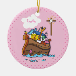 Customizable Noah’s Ark Baby Baptism, Girl Pink Ceramic Ornament