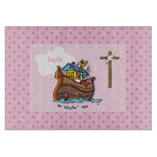 Customizable Noah’s Ark Baby Baptism, Girl Pink Cutting Board