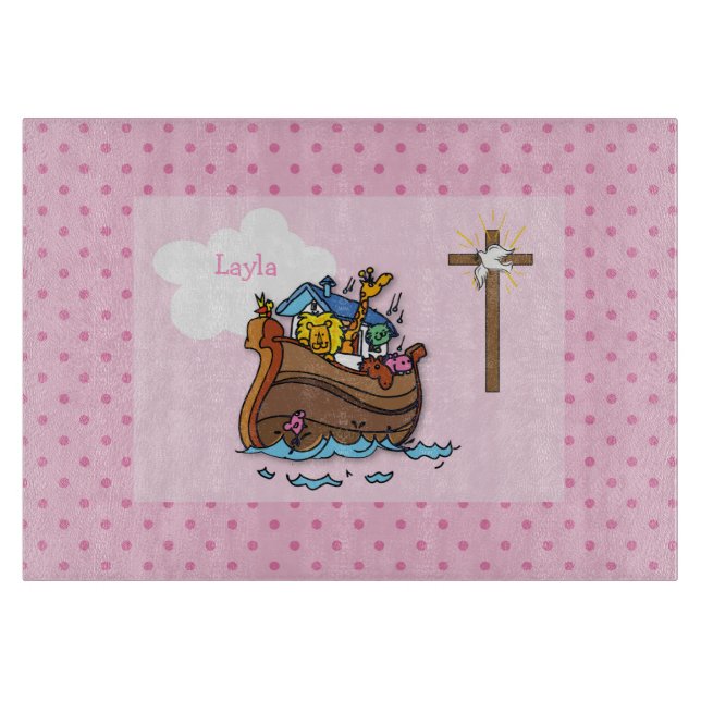 Customizable Noah’s Ark Baby Baptism, Girl Pink Cutting Board (Front)