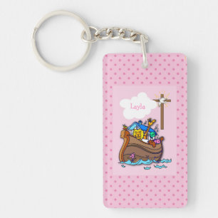 Customizable Noah’s Ark Baby Baptism, Girl Pink Keychain