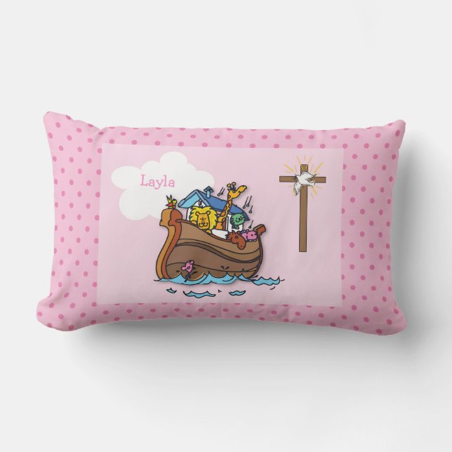 Customizable Noah’s Ark Baby Baptism, Girl Pink Lumbar Pillow (Front)