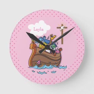 Customizable Noah’s Ark Baby Baptism, Girl Pink Round Clock