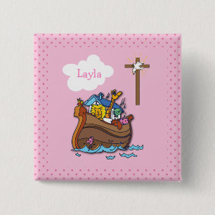 Customizable Noah’s Ark Baptism, Girl Pink Button