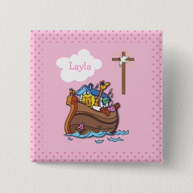 Customizable Noah’s Ark Baptism, Girl Pink Button (Front)