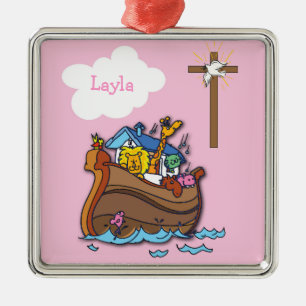 Customizable Noah’s Ark Baptism, Girl Pink Metal Ornament