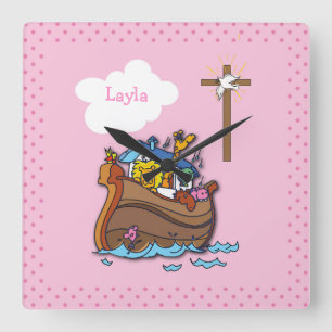 Customizable Noah’s Ark Baptism, Girl Pink Square Wall Clock