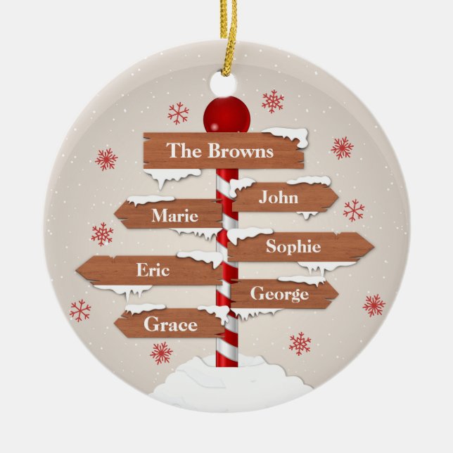 Customizable North Pole 6 Family Names Ceramic Ornament (Front)