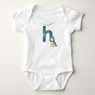 Customizable Northern Lights Letter H Husky Puppy Baby Bodysuit