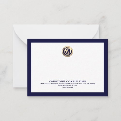 Customizable Note Card with Gold Logo Navy Frame