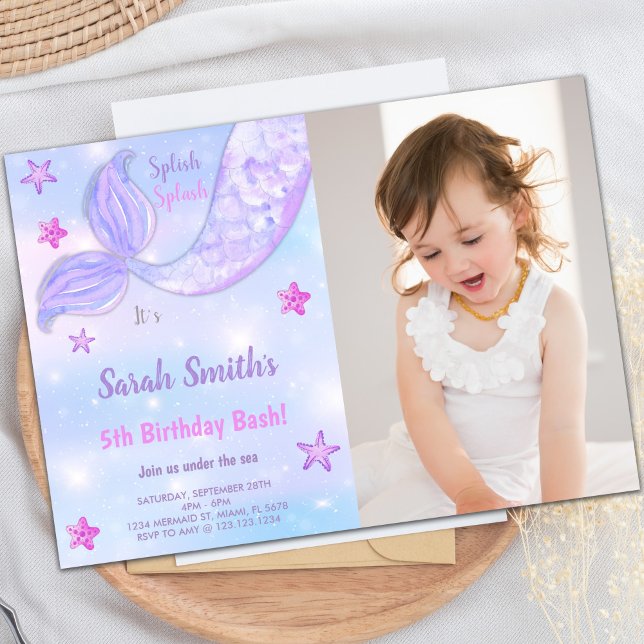 Customizable Ocean Party Invitations for Kids (Mermaid Birthday Invitations under the sea w photo)
