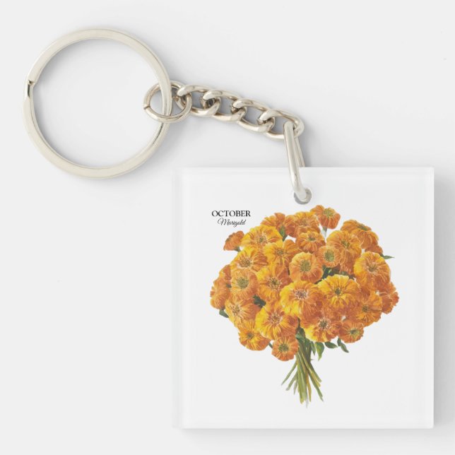 Customizable October Marigold Birthday Gift Keychain (Front)