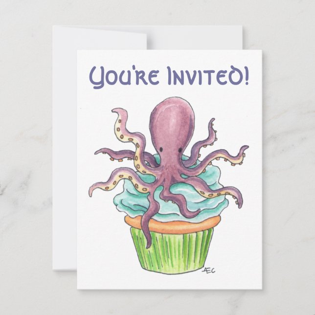 Customizable Octopus Cupcake Birthday Invite (Front)