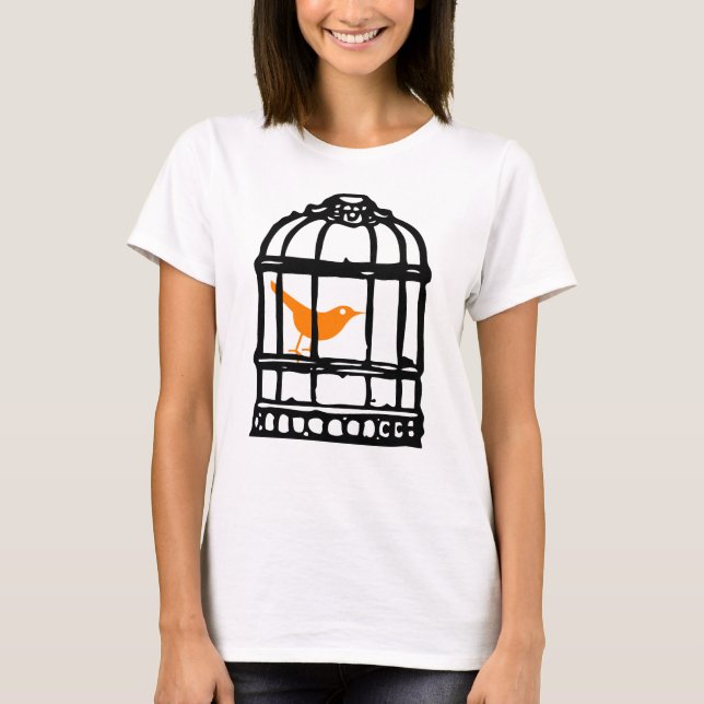 Customizable Orange Bird in Cage, Bird Cage T-Shirt (Front)