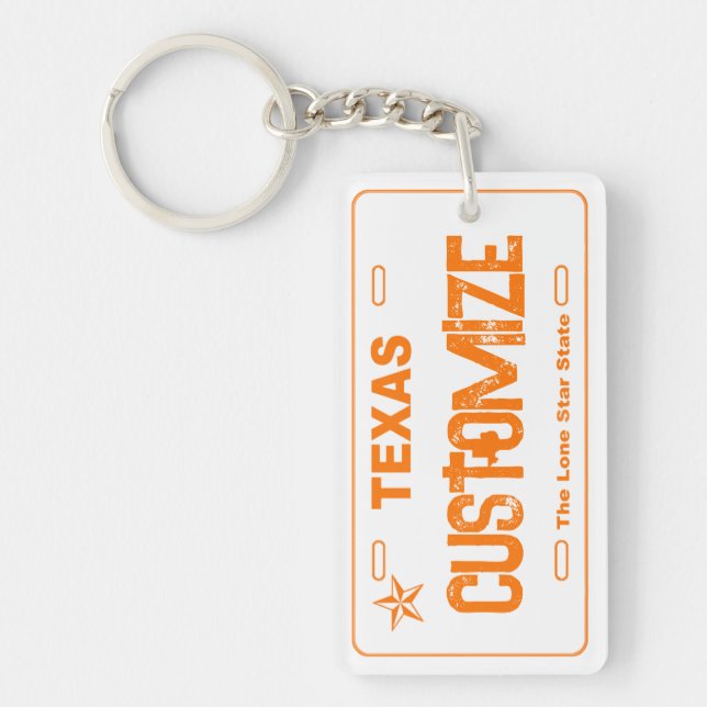 Customizable orange Texas license plate keychain (Front)
