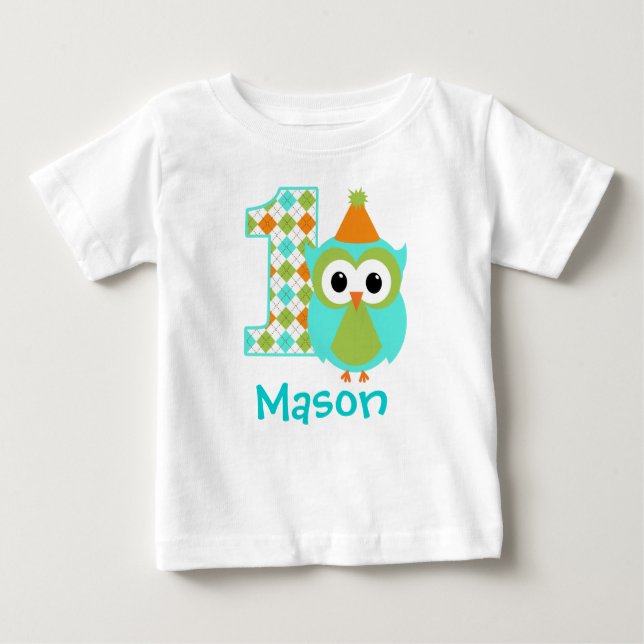 Customizable Owl Boy First birthday shirt one year (Front)