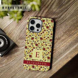 Customizable Pale Yellow Floral Red Grey Flowers iPhone 15 Pro Max Case