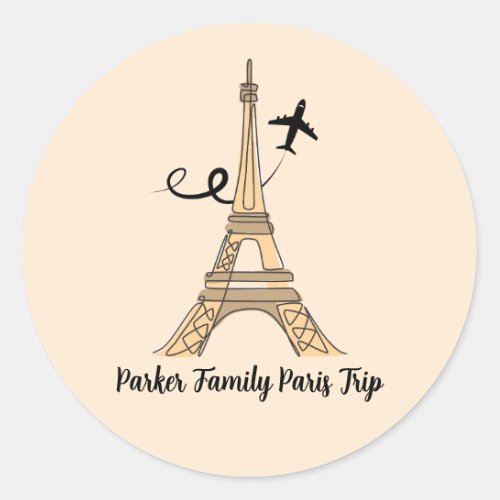 Customizable Paris Trip Chic Eiffel Tower Airplane Classic Round Sticker