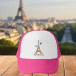 Customizable Paris Trip Chic Eiffel Tower Trucker Hat<br><div class="desc">Customize these chic minimalist Paris vacation hats for your family reunion or girls trip. An artistic drawing of the Eiffel tower with a plane flying behind it to symbolize your airplane travel. Cute custom cursive script.</div>
