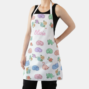 Customizable Pastel Cat and Rose Pattern Apron