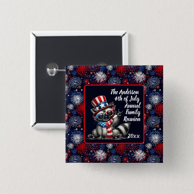 Customizable Patriotic Raccoon 4th of July Party  Button (Front & Back)