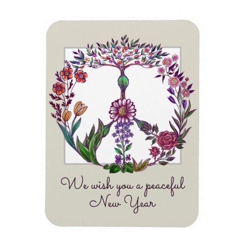 Customizable Peaceful New Year Floral Peace Sign Magnet