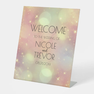 Customizable Peach Sparkle Wedding Welcome Pedestal Sign