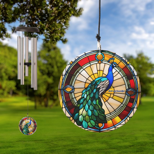 Customizable Peacock Stained Glass Look  Wind Chime (Outdoor)