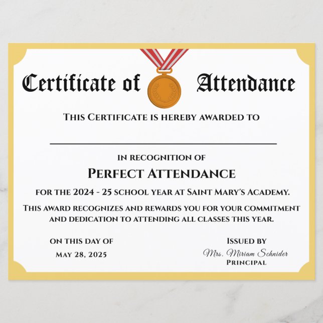 Customizable Perfect Attendance Award Certificate (Front)