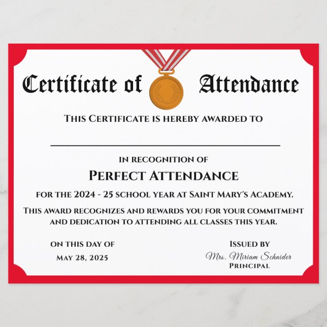 Customizable Perfect Attendance Award Certificate (Front)