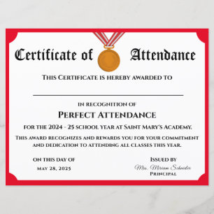 Customizable Perfect Attendance Award Certificate