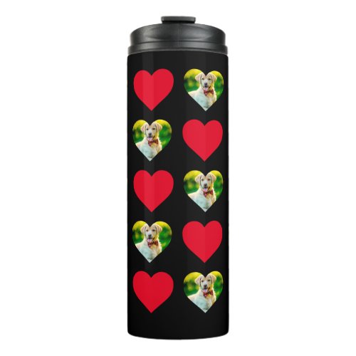 Customizable Pet and Hearts Pattern Black and Red Thermal Tumbler