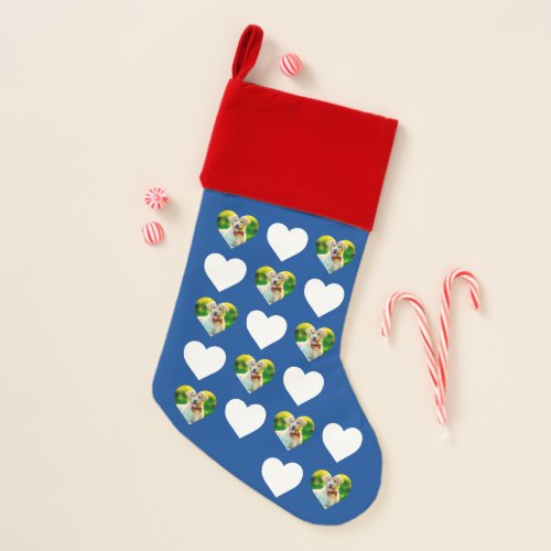 Customizable Pet and Hearts Pattern Deep Blue Christmas Stocking