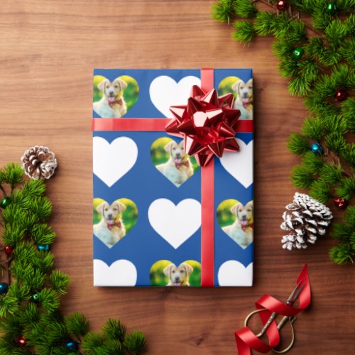 Customizable Pet and Hearts Pattern Deep Blue Wrapping Paper