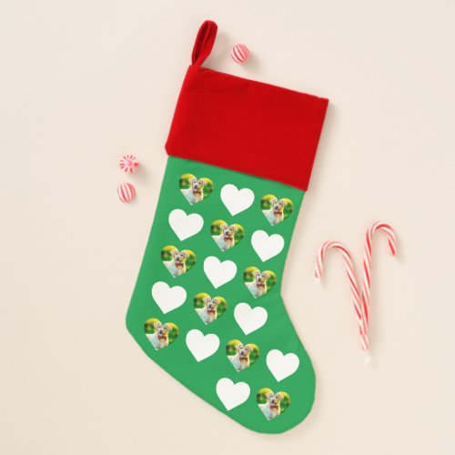 Customizable Pet and Hearts Pattern Kelly Green Christmas Stocking