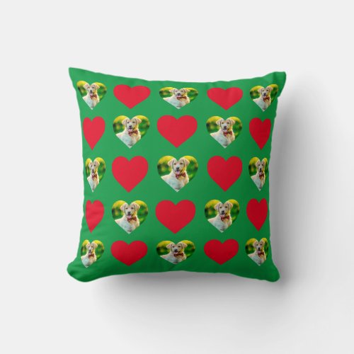 Customizable Pet and Hearts Pattern Kelly Green Throw Pillow
