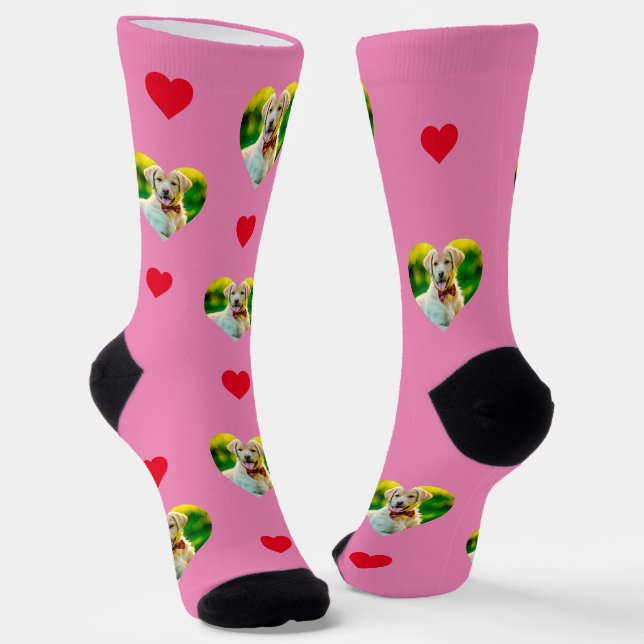 Customizable Pet and Hearts Pattern Pink Socks (Angled)