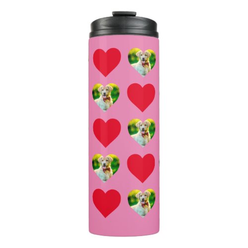 Customizable Pet and Hearts Pattern Pink Thermal Tumbler