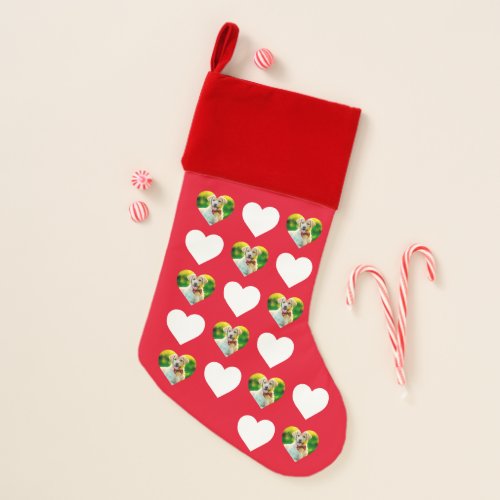 Customizable Pet and Hearts Pattern Red Christmas Stocking