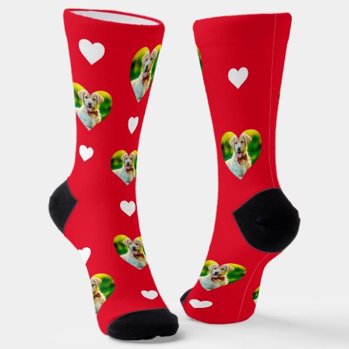 Customizable Pet and Hearts Pattern Red Socks
