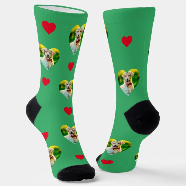 Customizable Pet and Hearts Pattern Sea Green Socks (Angled)