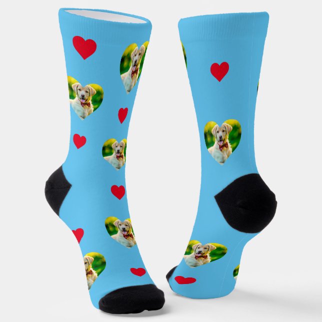 Customizable Pet and Hearts Pattern Sky Blue Socks (Angled)