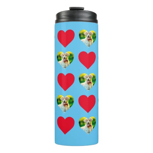 Customizable Pet and Hearts Pattern Sky Blue Thermal Tumbler