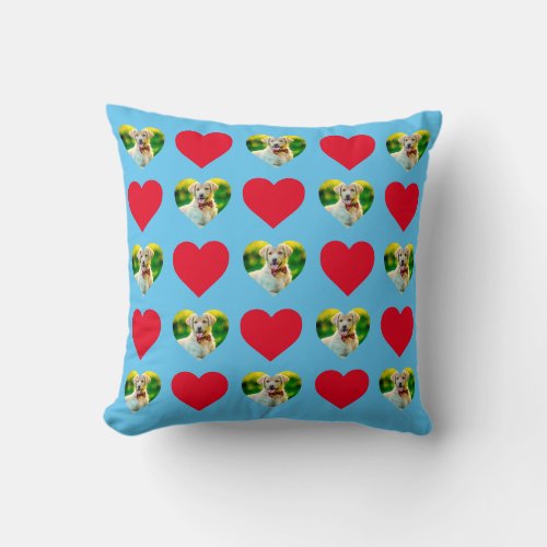 Customizable Pet and Hearts Pattern Sky Blue Throw Pillow