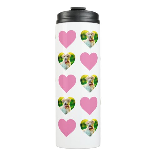 Customizable Pet and Hearts Pattern White and Pink Thermal Tumbler