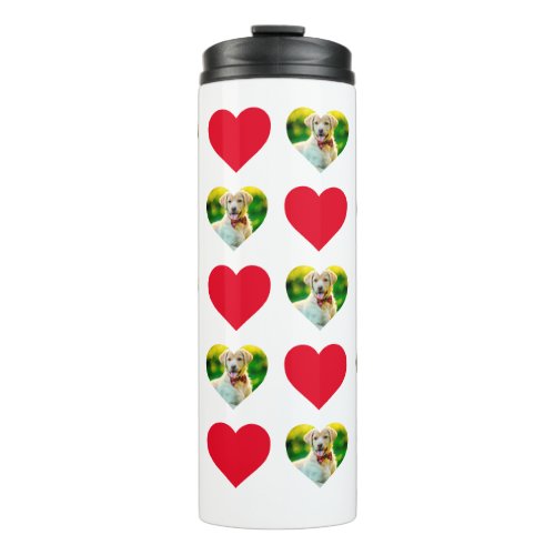Customizable Pet and Hearts Pattern White and Red Thermal Tumbler