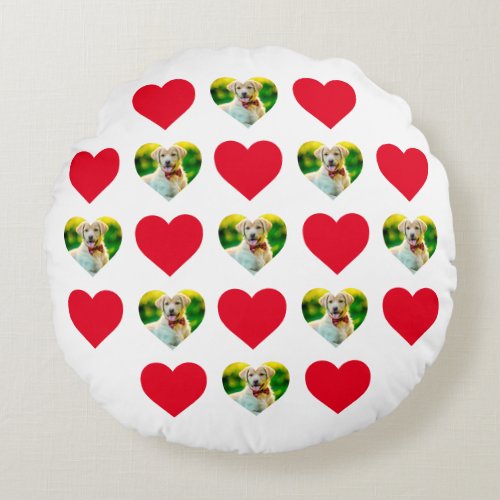 Customizable Pet and Hearts Pattern White Round Pillow