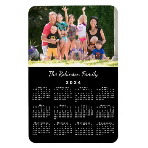 Customizable Photo and Name Black 2024 Calendar Magnet