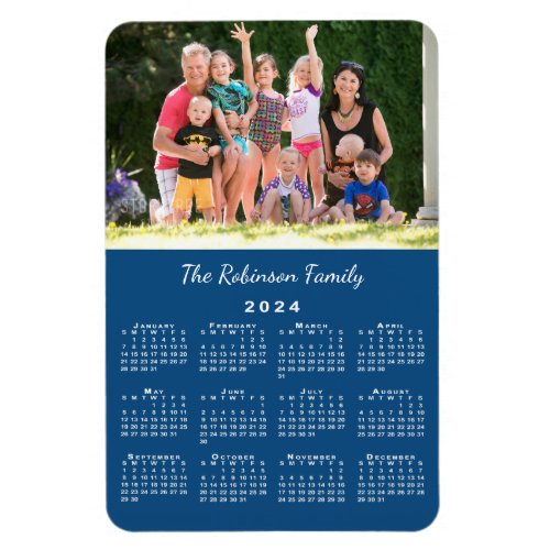 Customizable Photo and Name Blue 2024 Calendar Magnet